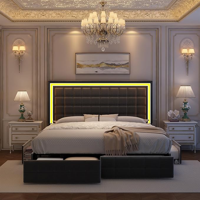 Full Bed Frame with LED Lighting and Storage Drawers, No Box Spring Needed, Supports 900 lbs, Easy Assembly, Quiet and Sturdy Design, Velvet Gray