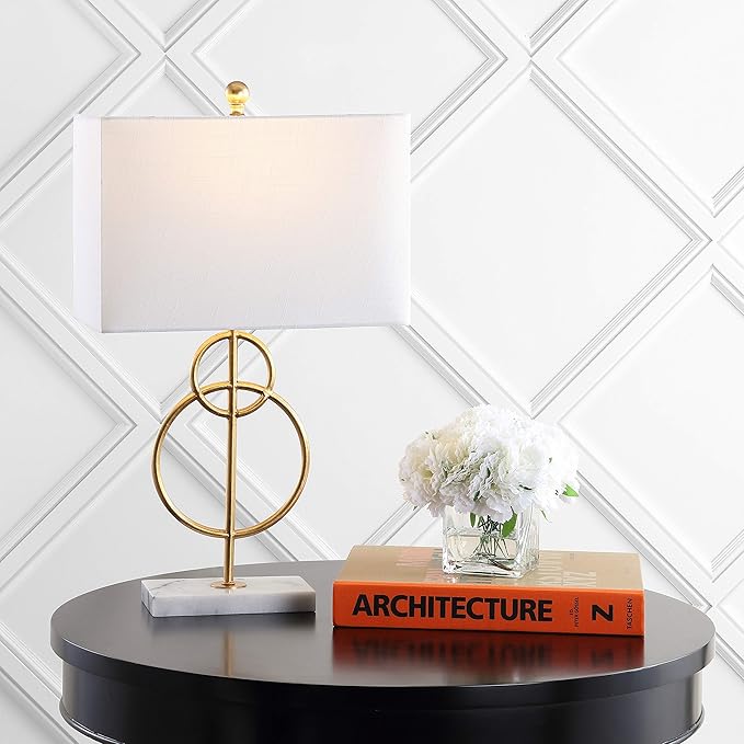 JONATHAN Y 26" Gold Leaf and White Marble Modern Circle LED Table Lamp, Glam Transitional Metal Desk Lamp for Living Room, White Linen Shade, LED Bulb Included JYL1096A