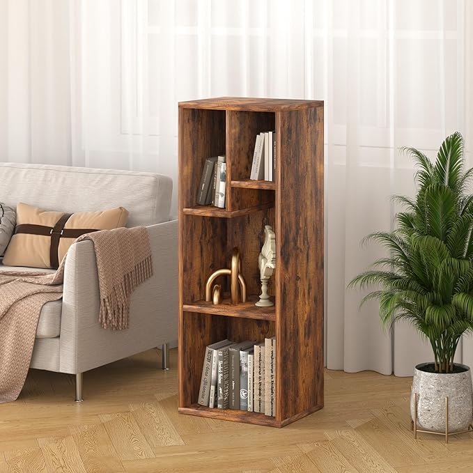 VECELO Small Bookshelf, 4 Cube Slim Bookcase, Fits Tallest Hardcovers, Horizontal Available, Modern Floor Standing Unit, Each Shelf Hold Up to 66 LBS,Brown