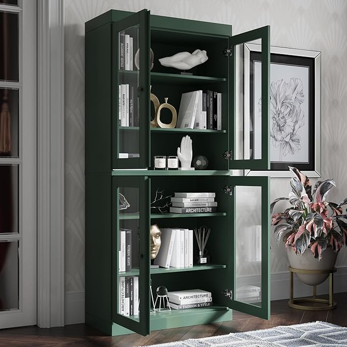 Palace Imports Solid Wood Bookcase - 6-Tier Bookshelf, 71.5” H x 32” W - Green, Clear Glass Cabinet Doors & Adjustable Shelves, Tall Bookcase, 100% Renewable Eco-Friendly Wood, Made in Brazil