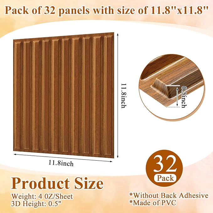 Nuanchu 32 Pcs 3D Slat Wall Panels 12 x 12 Inch PVC Fluted Textured Panel