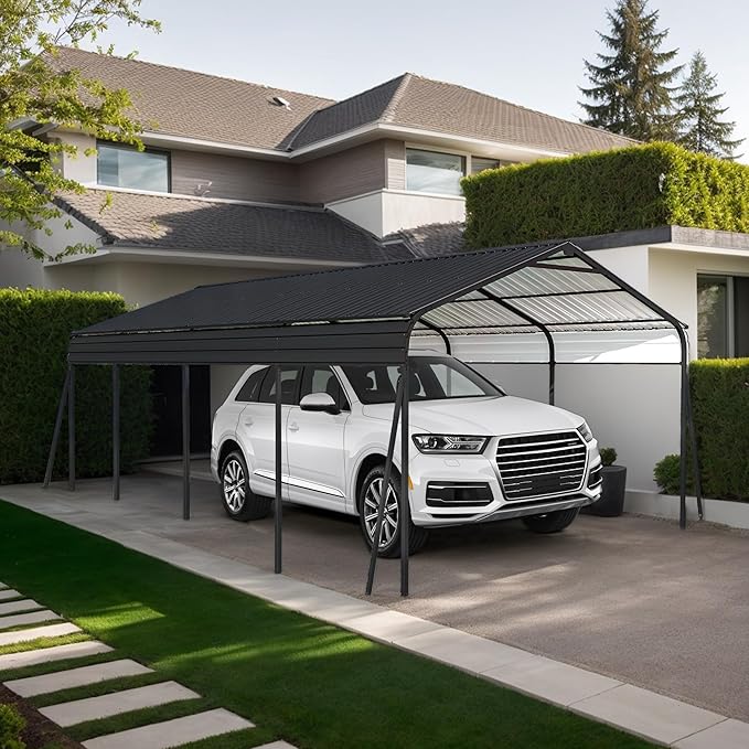 KEIKI 12x20 FT Heavy-Duty Metal Carport - Galvanized Steel Car Cover with Roof & Frame Kit, Outdoor Garage Shelter for Cars, Trucks, Boats, RV & Vehicle Protection