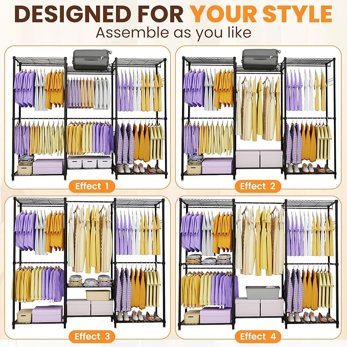 Extra Large Clothes Rack, Heavy Duty Clothing Rack for Hanging Clothes, Freestanding Clothing Rack Closet, Adjustable Metal Garment Rack, Portable Closet 76.4"W x 15.7"D x 68.5"H, Hold 792 lbs, Black