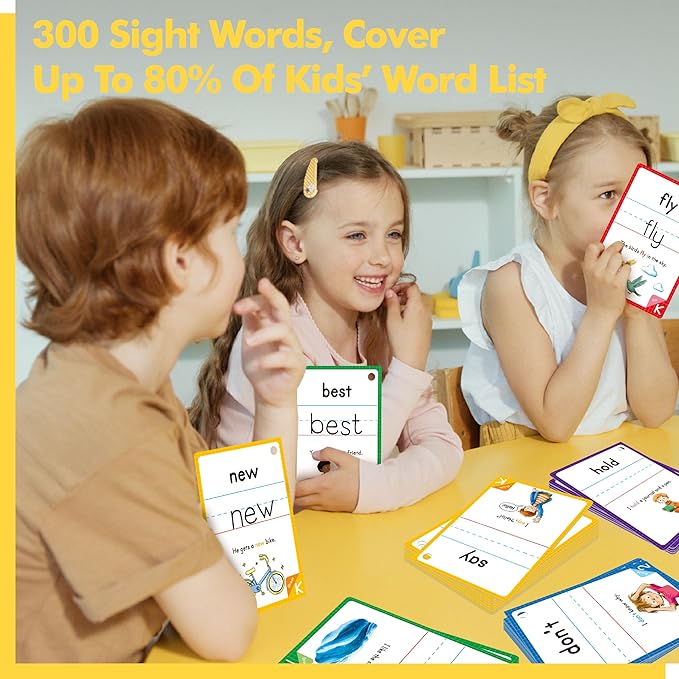 300 Sight Words Flashcards, 150PCS Double-Sided Erasable Reusable Cards Dolch & Fry Word Lists Montessori Toy for Kindergarten Preschool Toddlers 3 4 5 Years Old (5 Plastic Rings Attached)