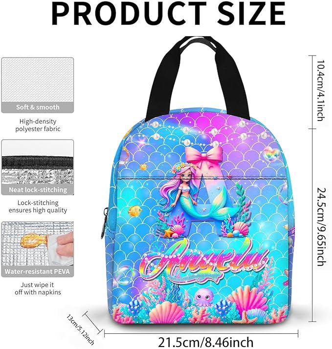 Custom Kids Backpack with Lunch Box Personalized Name Bookbag for Girls Back to School Mermaid Backpacks for Elementary Middle School Boys