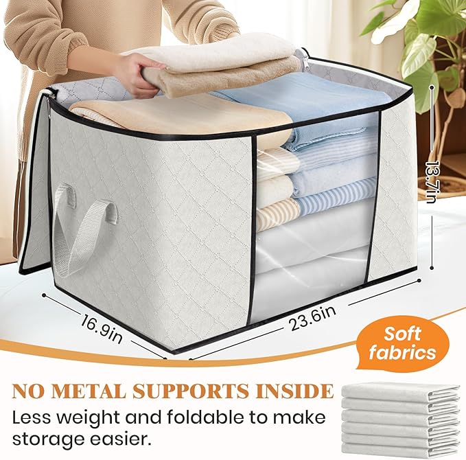 Fab totes 24 Gallons Clothes Storage, Foldable Thick Fabric Blanket Storage Bags, Containers for Organizing Bedroom, Closet, Clothing, Comforter, Organization with Handle (10 Pack,Ivory)