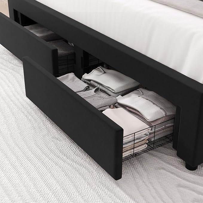 HITHOS King Upholstered LED Bed Frame with 2 Storage Drawers, Velvet Platform Bed with Wingback Headboard, Solid Wooden Slats Support, No Box Spring Needed, Headboard Splicing Design