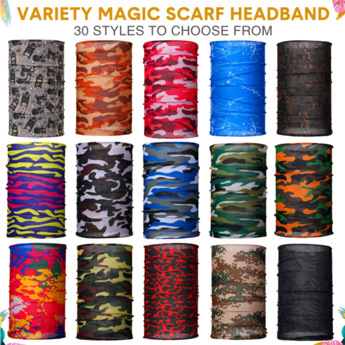 Tarpop 12/30 Pcs Neck Gaiters Scarf Elastic Wrap Headband Sweat Absorbing Bandana for Women Men Sports Yoga Running(30 Pcs,Stylish Style)