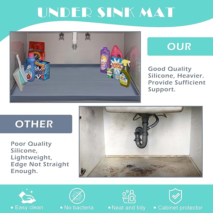 URMONA Waterproof Silicone Under Sink Mat 22'' x 14'' Shelf Liner for Kitchen and Bathroom, Cabinet and Counter Protector, Storage and Organizers, Litter Mat, Pet Cat Puppy Essentials(Cream)