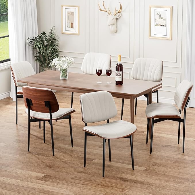 Dining Chairs Set of 6, Mid-Century Modern Upholstered PU Leather Chairs with Walnut Bentwood Back and Metal Legs Adjustable Feet for Kitchen Dining Room, Off-White Shell Strips