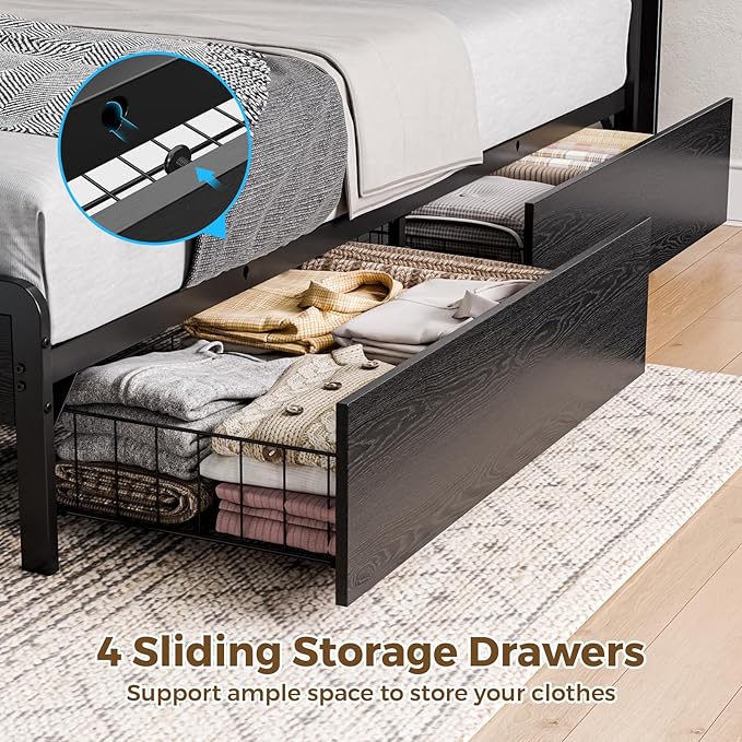 Bed Frame Queen Size with Charging Station and LED Lights, Upholstered Storage Headboard with 4 Drawers, Heavy Duty Metal Slats, Noise Free, Easy Assembly, No Box Spring Needed