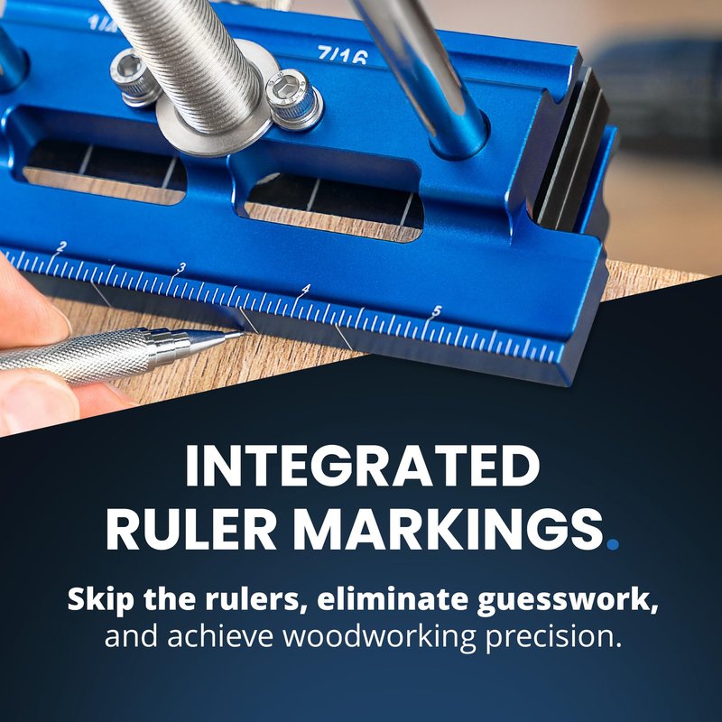 ELEON Self Centering Dowel Jig with Elongated Jaws & Extra Wide Clamp up to 6.7" - Precision Woodworking Made Effortless - Lasting Craftsmanship - Aluminum Alloy Drill with Guide & 6pcs Drill Bushings