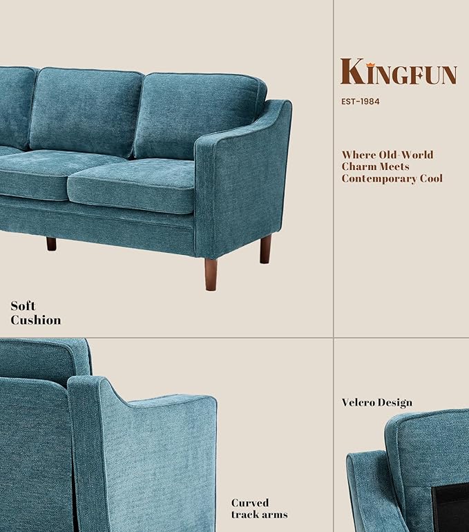Kingfun 80" Chenille Sofa, 3 Seater Couch, Mid Century Modern Couches with Solid Wood Frame for Living Room & Bedroom, Water Green