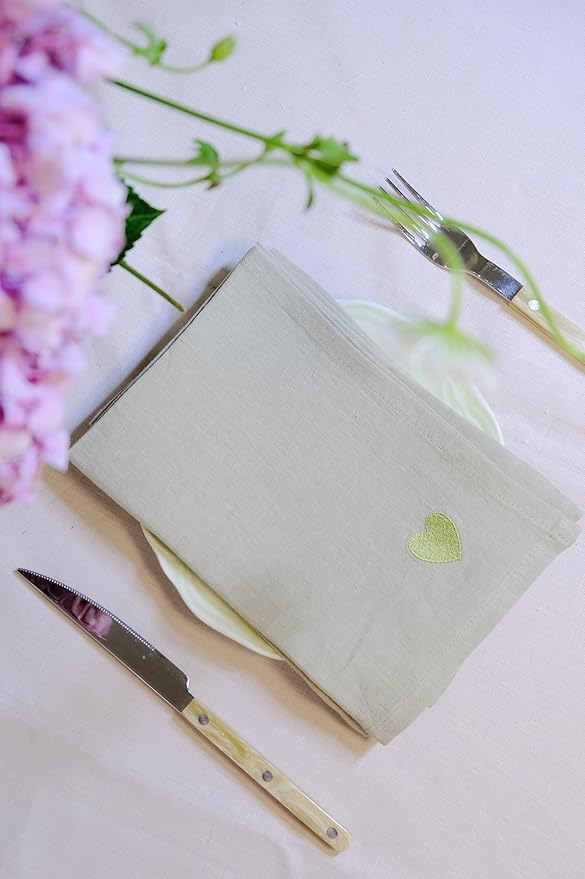 100% Linen Napkins Set of 4 -Sage Green Cloth Dinner Napkins, Embroidered, Washable and Reusable, Elegant Table Decor for Summer Dining, Wedding & Special Occasions, 17.7 x 17.7 Inch