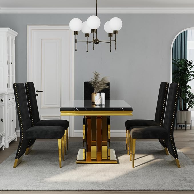 AUZ Black Velvet Dining Chairs Set of 2, Black and Gold Dining Chairs with Nailhead Trim and Polished Gold Legs, Gorgeous Upholstered Kitchen and Dining Room Chairs