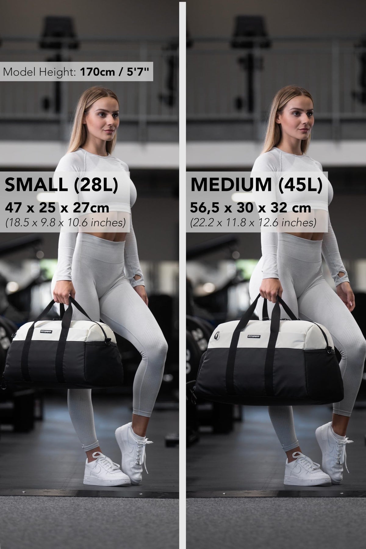 Fitgriff® Gym Bag V2 for Men and Women with Shoe & Wet Compartment - Duffle Bag for Travel, Sports, Fitness and Workout (Black/Cream White, 22 x 12 x 13″ (Medium))