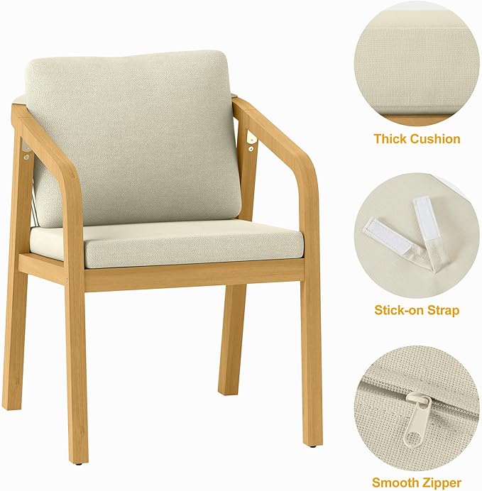 Acacia Patio Dining Chairs Set of 2, Outdoor Wood Dining Chairs with Thick Cushions, Modern Patio Chairs with Woven Rope Backrest for Porch, Backyard, Garden, Indoor, Beige