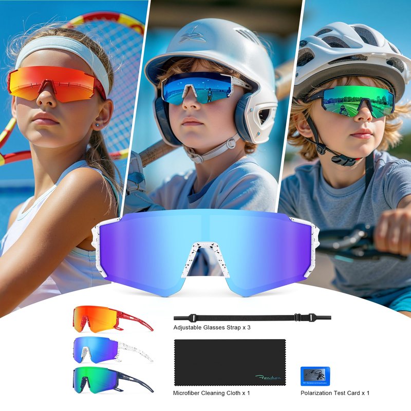 Fanshen Kids Baseball Sunglasses for Boys Girls Ages 3-12, Sports Polarized Youth Baseball Softball Sunglasses UV Protection (Bright Black/Ice Blue)