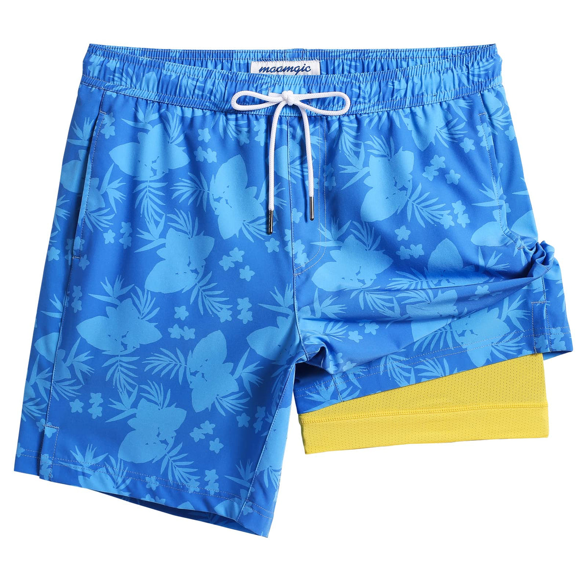 maamgic Mens Swim Trunks with Compression Liner 7 Inch Inseam Mens Bathing Suit Quick Dry Swimming Trunks Swimsuit Flower Blue Yellow XX-Large