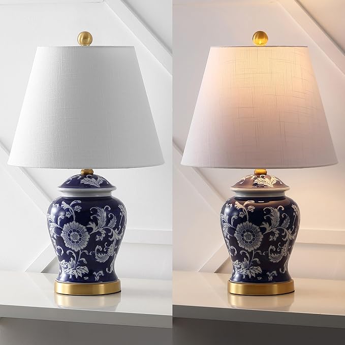 JONATHAN Y 22" Navy/White Ceramic Table Lamp, French Country Chinoiserie Ginger Jar LED Bedside Lamp for Living Room Bedroom, White Linen Shade (JYL3005D)