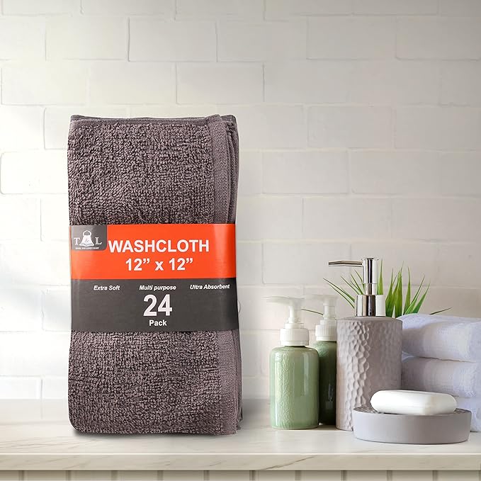 Towel and Linen Mart 100% Cotton - 24 Pack Wash Cloth Set -Grey Color Flannel Face Cloths, Highly Absorbent and Soft Feel Fingertip Towels (Grey, Pack of 24)