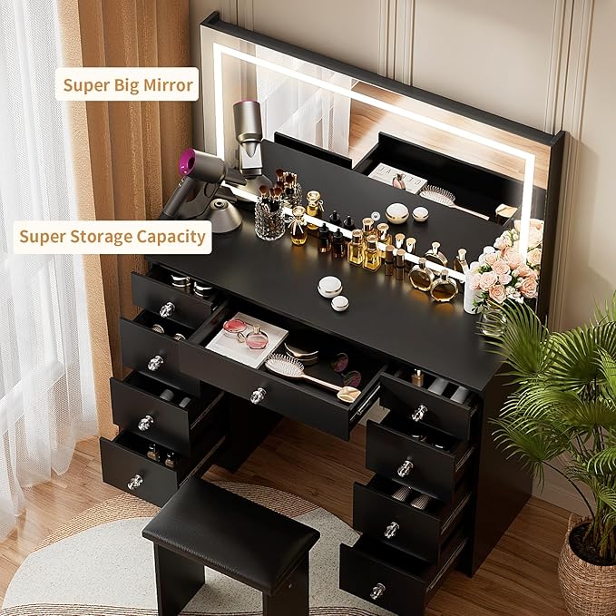 VOWNER Vanity with Lighted Mirror - Makeup Vanity Desk with Power Outlet and 9 Drawers, 3 Color Lighting Modes Adjustable Brightness, 43" Vanity Table with Soft Cushioned Stool for Bedroom, Black