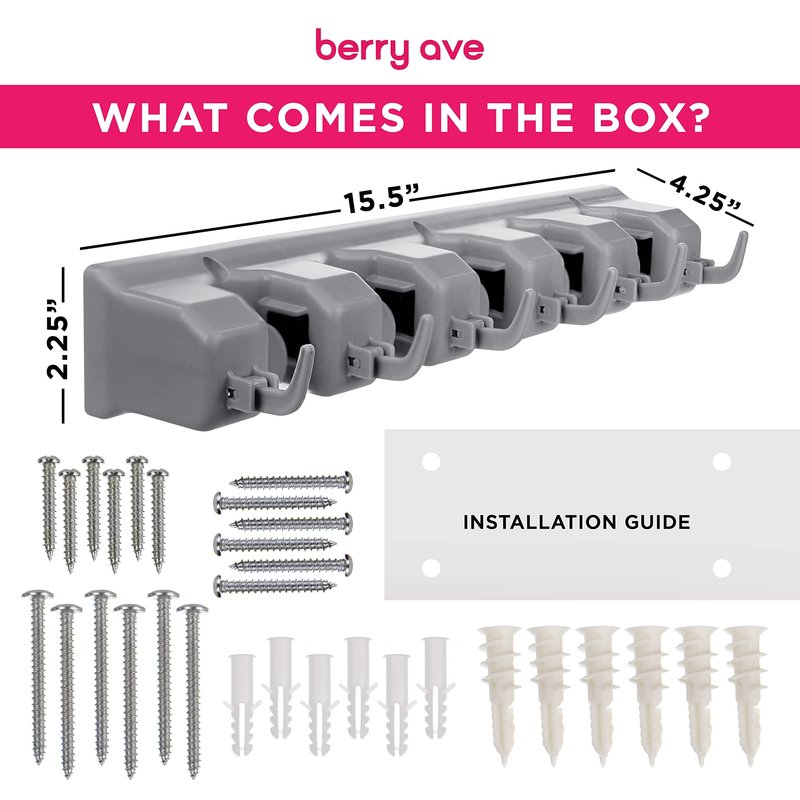Berry Ave Broom Holder Wall Mount and Garden Tool Organizer, Closet Storage, Kitchen Rack, Home Organization and Garage Organizer for Rake or Mop Handles Up to 1.25-Inches, Hanger Plus 6 Hooks (Grey)
