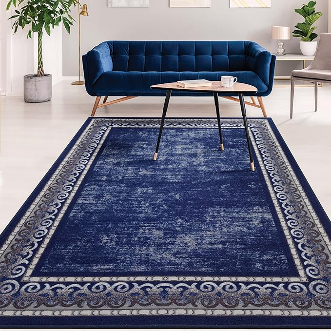 Antep Rugs Alfombras Bordered Modern 4x6 Non-Slip (Non-Skid) Low Pile Rubber Backing Indoor Area Rug (Navy, 4' x 5'8")
