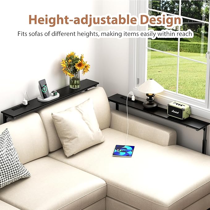 GRLEAF 2 Pack Adjustable Height Narrow Console Table with Power Outlets, 78.7" Long Sofa Table with Charging Station Behind Couch Table Skinny Entryway Table for Living Room and Hallway – Black