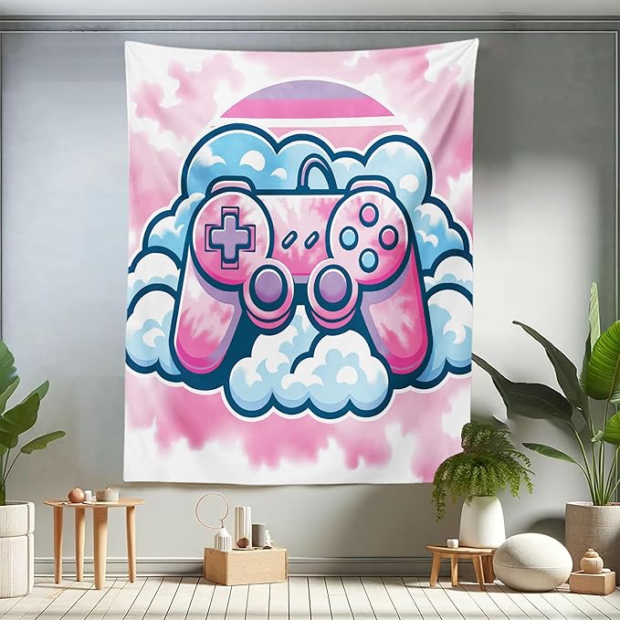Ambesonne Pink Tapestry Twin Size, Girly Gamer Concept Design with a Controller and Clouds on a Soft Tie Dye Sky, Wall Hanging Bedspread Bed Cover Wall Decor, 68" X 88", Purple Pale Blue