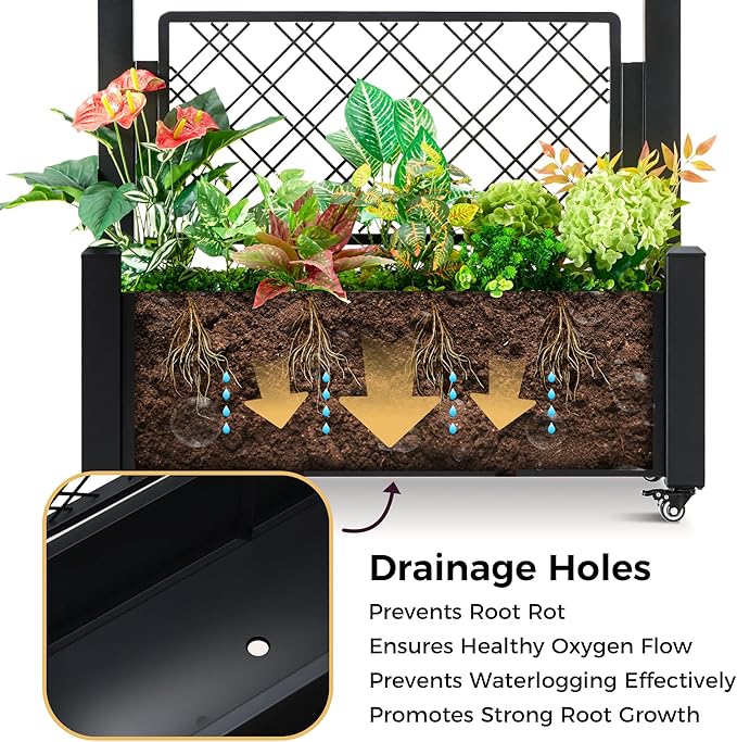 Metal Planter Box with Trellis and Wheels, 72"x46"x16" Large Outdoor Garden Planter for Climbing Plants, Vegetables & Vines, Includes Drainage Holes and Privacy Screen, Black