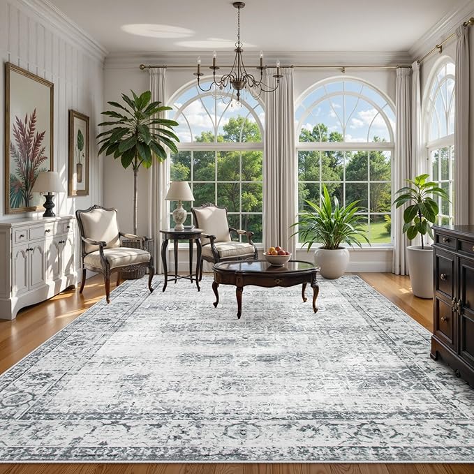 Lahome Vintage 9x12 Washable Grey Rugs for Living Room Bedroom, Boho Dining Room Rugs for Under Table, Soft Non Slip Indoor Throw Carpet for Home Office Playroom (9x12ft,Grey)