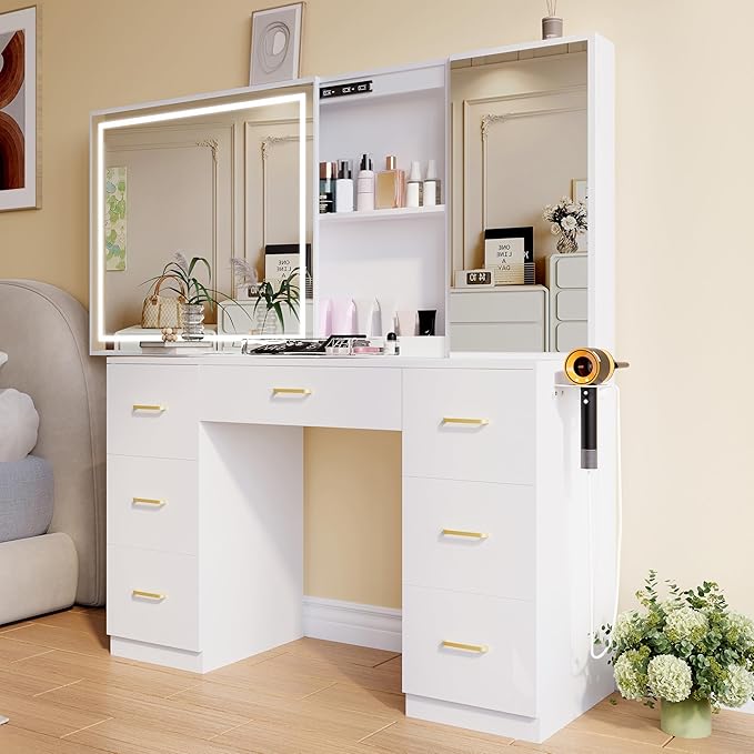 Glass Top Vanity Desk with Large Mirror and LED Lights,White Vanity with 2 Hidden Storage Mirror Cabinets,Dressing Table with Power Outlet&7 Drawers for Women/Girls,Makeup Organizer Countertop
