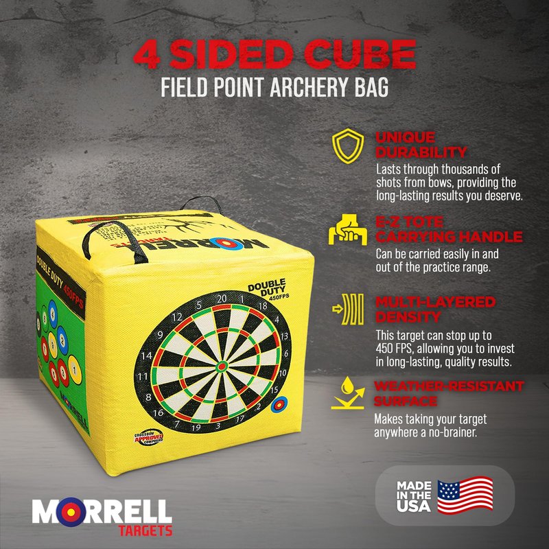 Morrell Double Duty 450 FPS Cube Field Point Archery Bag Target with Traditional Bullseyes, Nine-Ball, Dartboard Game, and Deer Vitals, Yellow