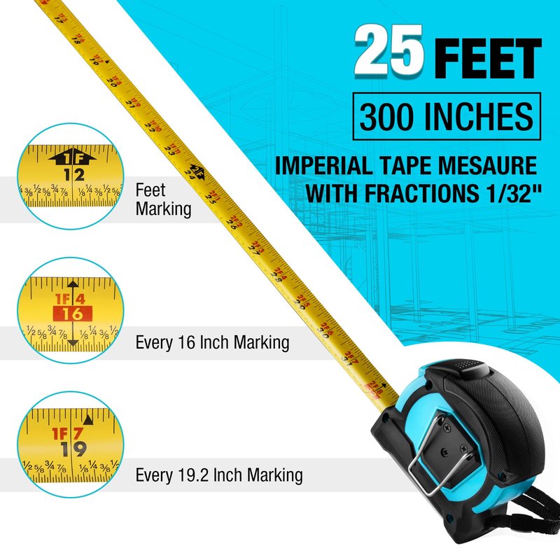 DURATECH 25FT Auto-Lock Tape Measure, Easy Read Magnetic Measuring Tape with Fractions 1/8″, Double Sided Measurement Tape with Minimum Scale 1/32″, Magnetic Hook, and Rubber Protective Casing