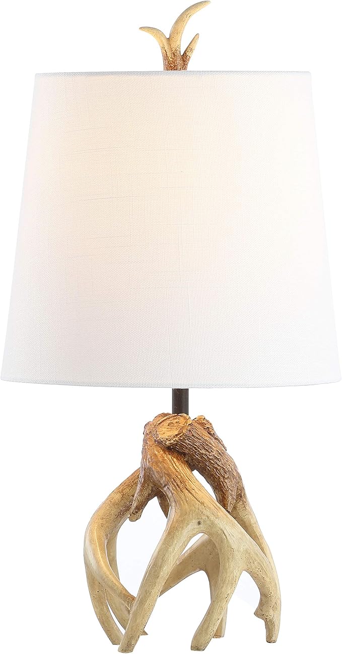 JONATHAN Y 19" Natural Antler Resin Table Lamp, Rustic Coastal Mountain Cabin Bedside Nightstand Lamp for Living Room, White Linen Shade, UL Listed, LED Bulb Included JYL4034A