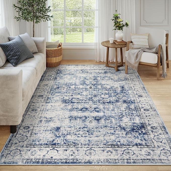 Lahome Blue Area Rug for Living Room 6x9 Machine Washable Area Rugs Living Room Rug,Vintage Distressed Soft Rubber Backing Stain Resistant Indoor Carpet for Office