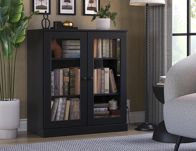 Palace Imports Solid Wood Bookcase - Floor Standing Bookshelf - 32” W - Display Furniture, Renewable 100% Eco-Friendly Wood, Made in Brazil (Black, Clear Glass Doors | 3-Shelf Short Bookcase)