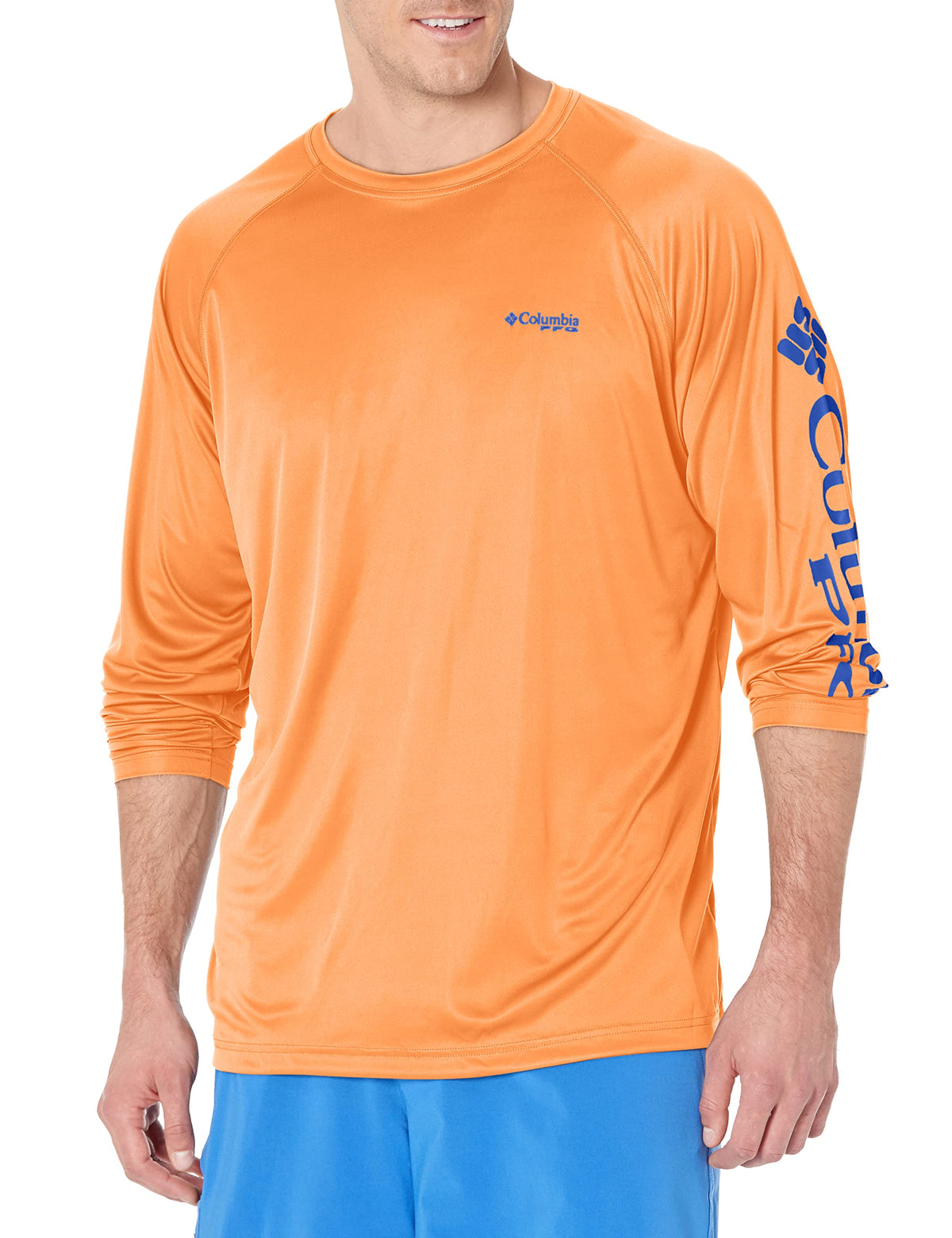 Columbia Men's PFG Terminal Tackle Long Sleeve Fishing Shirt, Bright Nectar/Vivid Blue Logo, Small