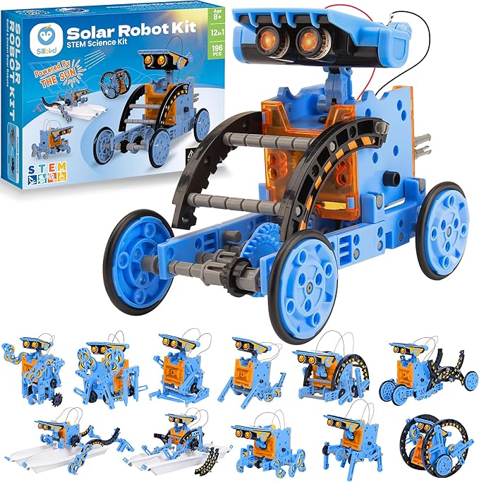 Sillbird Solar Building Robot Kit STEM Gift for Boys Aged 8-13, DIY Science Educational Toys for Kids Teens Birthday, 12-in-1 Solar or Battery Powered Robotic Set with 197 Pieces