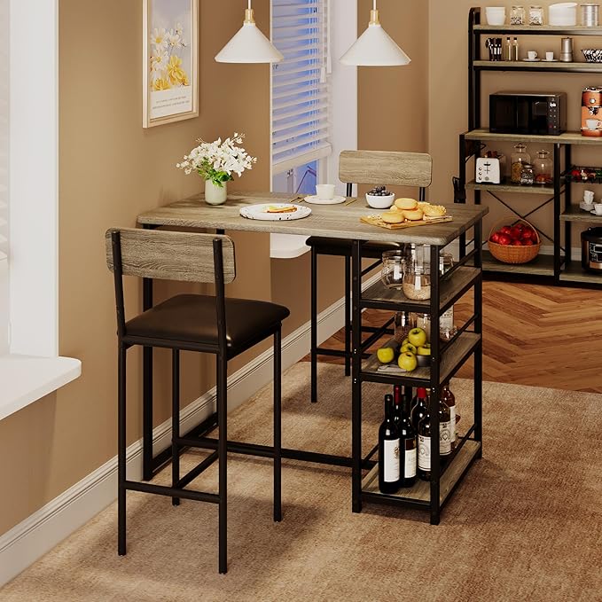 CABIHOME Dining Table Set for 2, Kitchen Table and Upholstered Chairs for 2, 3 Piece Counter Height Bar Table Set with 3 Large Storage Shelves for Small Space, Apartment, Studio, Rustic Gray