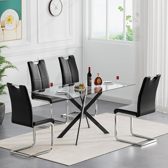 51" Rectangular Glass Dining Room Table for 4 with Tempered Glass Top and Black Metal Legs, Modern Clear Kitchen and Dinner Table for Home Office Dining Room