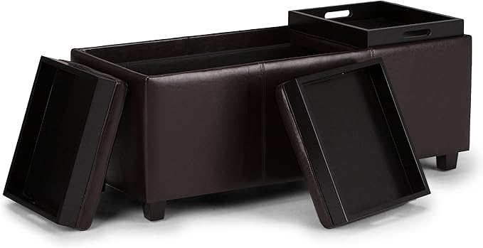 SIMPLIHOME Avalon Storage Ottoman - 42 inch Wide Upholstered Vegan Leather Rectangular Flip-Top Ottoman in Tanners Brown, Contemporary Coffee Table Ottoman for Living Room with Hidden Storage