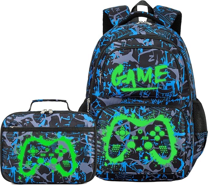 Boys Backpack with Lunch Box Glow in Dark Gamer Bookbag Kids Ages 4-12 Kindergarten Elementary Middle School Gaming Backpack, Gamer Blue