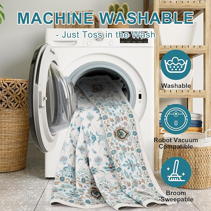 WILLSUN Washable Area Rugs, 5x7 Non-Slip Boho Large Area Rugs for Living Room, Bedroom, Machine Washable Vintage Rug, Indoor Floral Print Carpet for Home Decor, Kid & Pet Friendly Mat