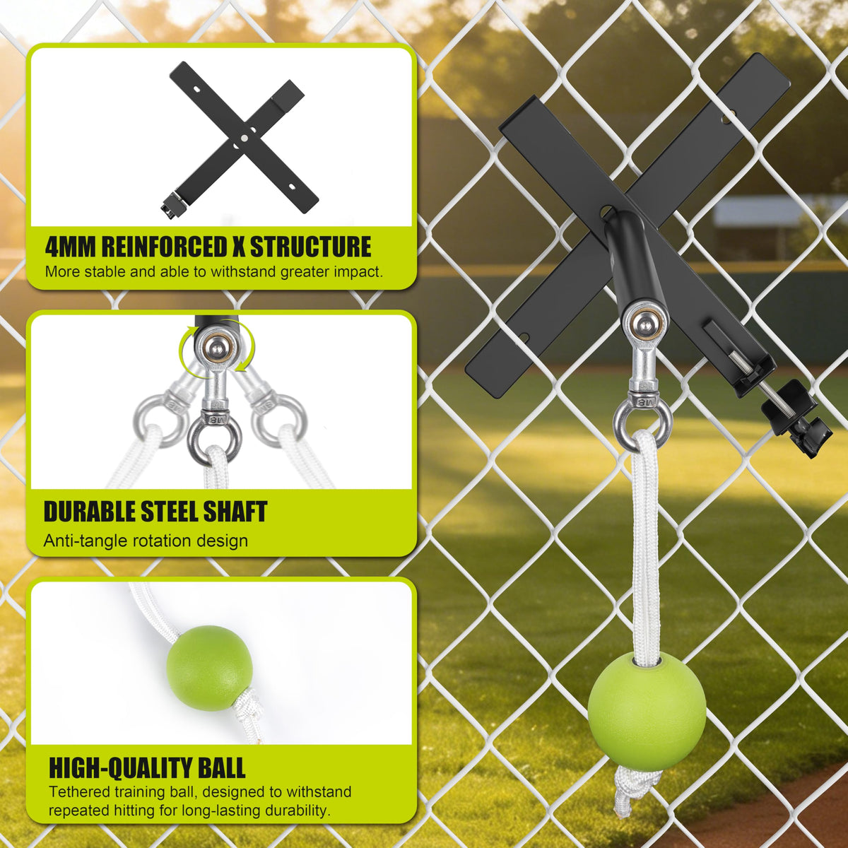 Hikeen Portable Baseball Swing Trainer with Auto Reset Tethered Ball - Baseball/Softball Hitting Trainer for Solo Batting Practice, Easy Fence Mount Setup for All Ages