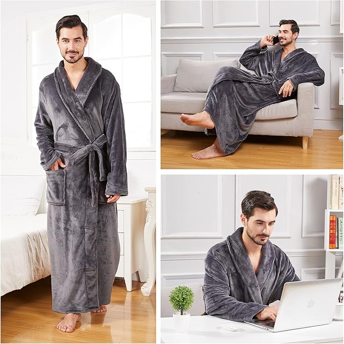 FashGudim Mens Robes Big and Tall Full Length Plush Fleece Long Robe for Men Bathrobe Shawl Collar Warm Winter House Robes