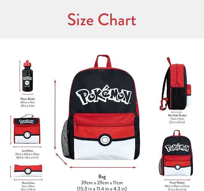 Pokémon School Bag 4 Piece Set | Kids Backpack And Lunch Bag Set With Pencil Case And Water Bottle | Children's Backpacks