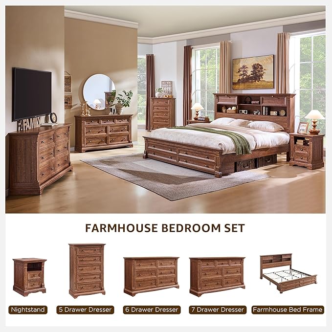 Farmhouse King Size Bed Frame with 54" Tall Headboard, Headboard with 4 Storage Rack, 2 Drawers, Wood Platform Bed Frame,18" Roman Column Decoration Footboard, No Box Spring Needed(Reclaimed Barnwood)