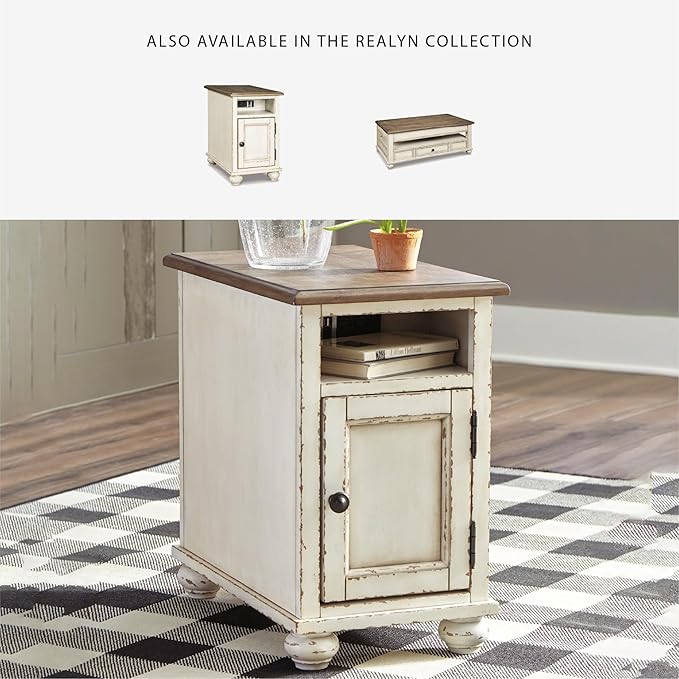 Signature Design by Ashley Realyn French Country Chair Side End Table, Cabinet Storage with Shelf, Outlets and USB Ports, Wood, 14" W x 24" D x 23.13" H, Cream